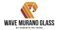 Wave Murano Glass logo, abstract geometric stripes in orange, red, and brown forming a “W”, with black text on a white background.