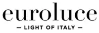 Euroluce logo, dark gray serif text, lowercase letters, horizontal layout, “– LIGHT OF ITALY –” tagline, minimalist design, white background.
