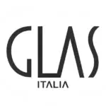 GLAS ITALIA logo, black lines, cursive “G” and “S”, angular “L” and “A”, sans-serif “ITALIA” text, minimalist monochromatic design.