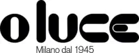 Oluce logo, black sans-serif typeface, vertically stacked letters with cutouts, and “Milano dal 1945” text on a white background.
