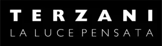 White sans-serif capital letters spell “TERZANI” above smaller white letters reading “LA LUCE PENSATA” on a black background