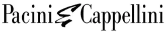 Pacini & Cappellini logo, black serif typeface, stylized swirl graphic between brand names on white background.