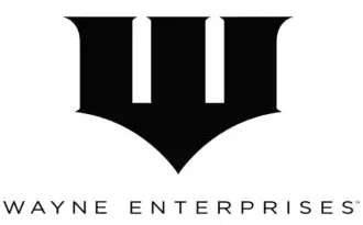 Wayne Enterprises logo, black shield shape with white cutouts forming a "W", and black sans-serif company name on a white background.