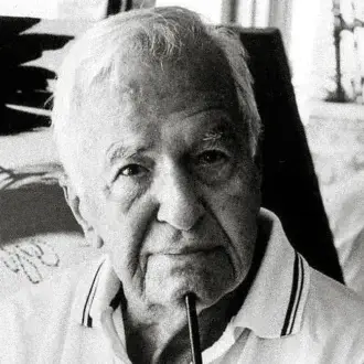 René Gruau portrait, black and white photograph, elderly man with pipe, striped polo shirt, blurred studio background, abstract painting.