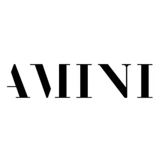 Monochromatic graphic layout displaying stacked “amini” text in bold sans-serif, featuring elongated strokes and a high-contrast black-on-white design.