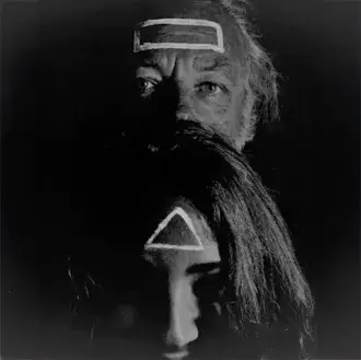 Black and white portrait of two figures with geometric white shapes on foreheads, layered composition, stark lighting, dark background.