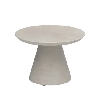 Round side table, light gray concrete, conical base; minimalist design, textured top, studio product shot, monochromatic palette.