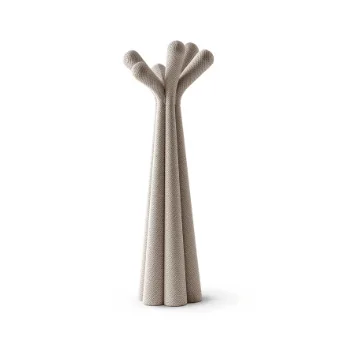 Abstract sculpture, beige concrete, columnar form with vertical ridges and rounded projections, textured surface, minimalist white background.