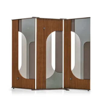 Wood room dividers with brown wood-grain finish, vertical metal frames, and large gray semi-circular cutouts, hinged for flexible arrangement.