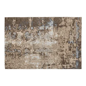 Abstract area rug, beige and brown tones, distressed block pattern with woven texture and subtle blue accents on a white background.