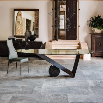 Superior Cattelan Italia Valentino table crafted in clear glass with a Canaletto walnut base and black Marquina marble support