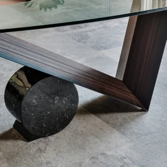 Lavish Cattelan Italia Valentino table crafted in clear glass with a Canaletto walnut base and black Marquina marble cylinder with glossy finish