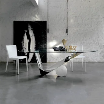 Distinguished Cattelan Italia Valentinox table crafted in clear glass with polished stainless steel and white Carrara marble
