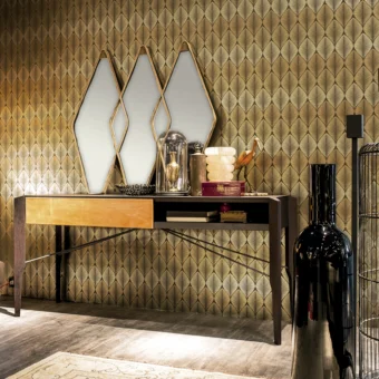 Distinguished Arketipo Glory console crafted with dark-stained wood, metal crossbars, and Leonardo leather drawer front
