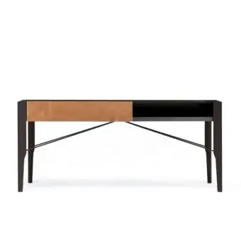 Distinguished Arketipo Glory console crafted in Italy with a dark wood frame and light brown Leonardo leather drawer