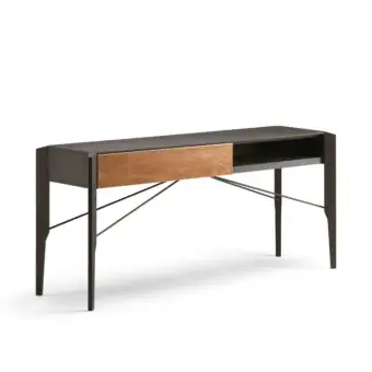Arketipo Ark Glory console table, dark brown wood, rectangular tabletop with copper drawer and black metal geometric leg support.