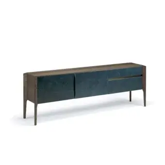 Arketipo Ark Glory sideboard, dark walnut wood and teal, rectangular form with tapered legs and textured panel doors.
