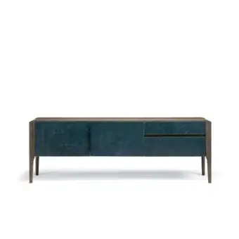 Distinguished Arketipo Glory sideboard with deep blue synthetic panels and warm brown matte wood frame built with subtle metal accents