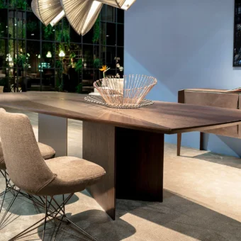 Architectural Arketipo Epsilon table with moka oak top and base, titanium metal leg, plus decorative metal insert