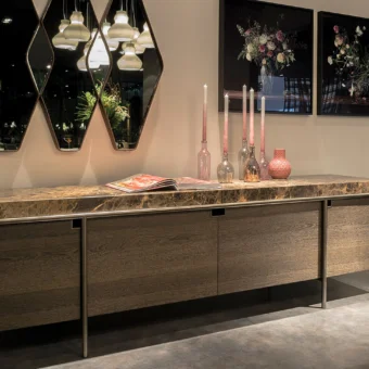 Distinguished Arketipo Aura sideboard with Italian Emperador marble top and micaceous brown metal piping in dark brown wood