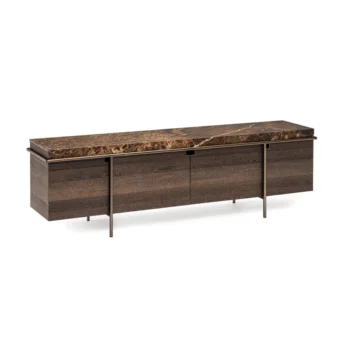 Exceptional Arketipo Aura sideboard with dark brown cabinet, bronze-like metal piping and luxurious Emperador marble top