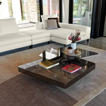Elegant Arketipo Final Cut coffee table with rotating smoked glass and Arabesque Grey Marble, built with a black varnished metal base