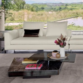 Distinguished Arketipo Final Cut coffee table with overlapping surfaces in black varnished metal, smoked glass and Arabesque Grey Marble finish