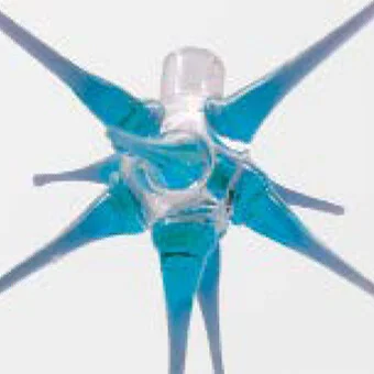 Sculptural glass object, translucent white and blue, featuring a humanoid form with six angular, wing-like appendages and molded “acquamarina b” text.