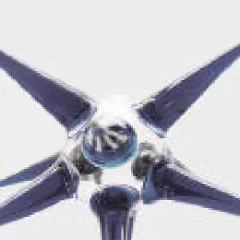 Abstract sculpture, dark blue-grey, five angled arms radiating from a textured silver-blue spherical center on a light grey background.