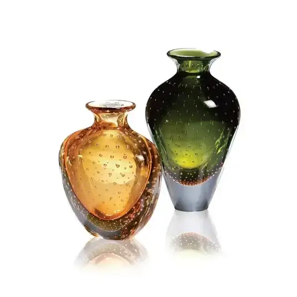 Murano glass vases, amber and green, feature rounded and cylindrical shapes with textured bubble patterns and glossy finishes.