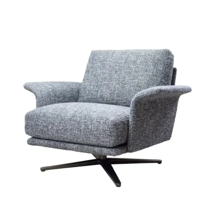 Lounge chair, gray woven fabric, reclined backrest, black five-star swivel base, cushioned seat, square silhouette, studio product shot.