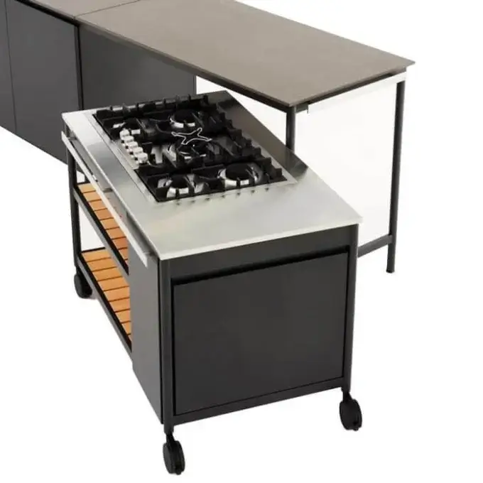 Stainless steel cooktop with five burners is set into a mobile unit with dark cabinetry and wooden shelving