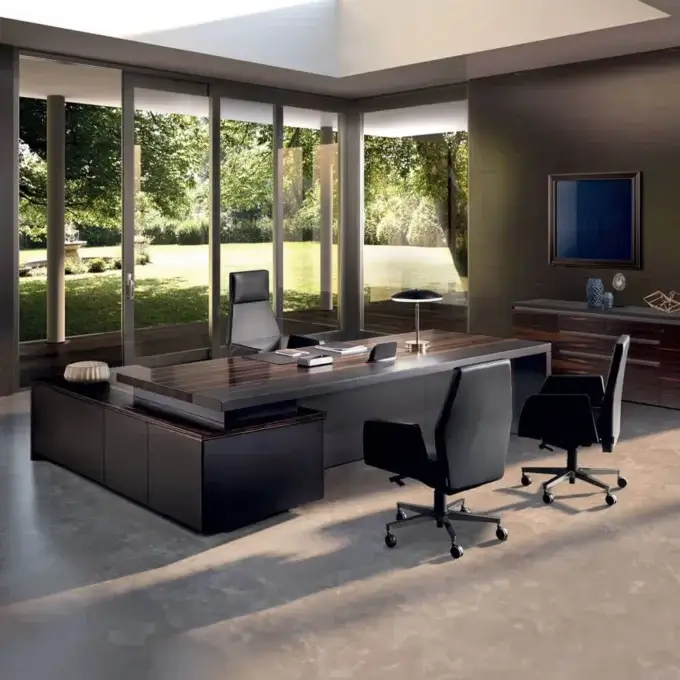 4mariani executive desk, dark wood and black leather, rectangular form with two chrome office chairs in a modern office setting.