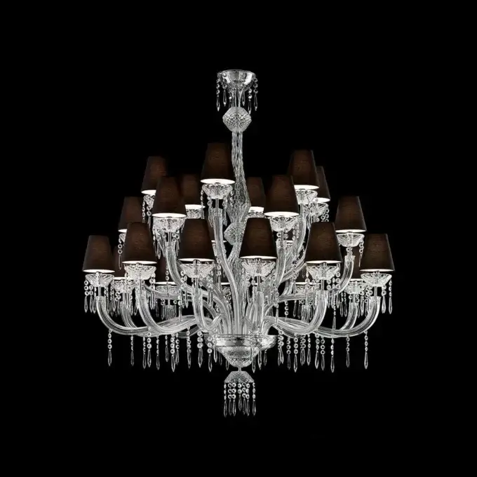 Barovier & Toso chandelier, chrome finish, multi-tiered design with clear glass elements and dark brown fabric shades.