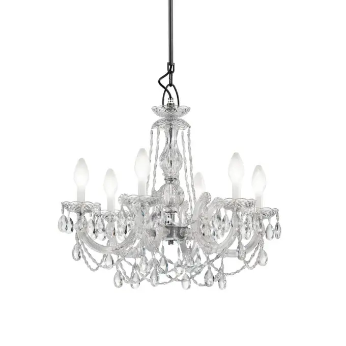 Crystal chandelier, polished chrome finish, multi-tiered design with clear crystal droplets and six candle-style lights.