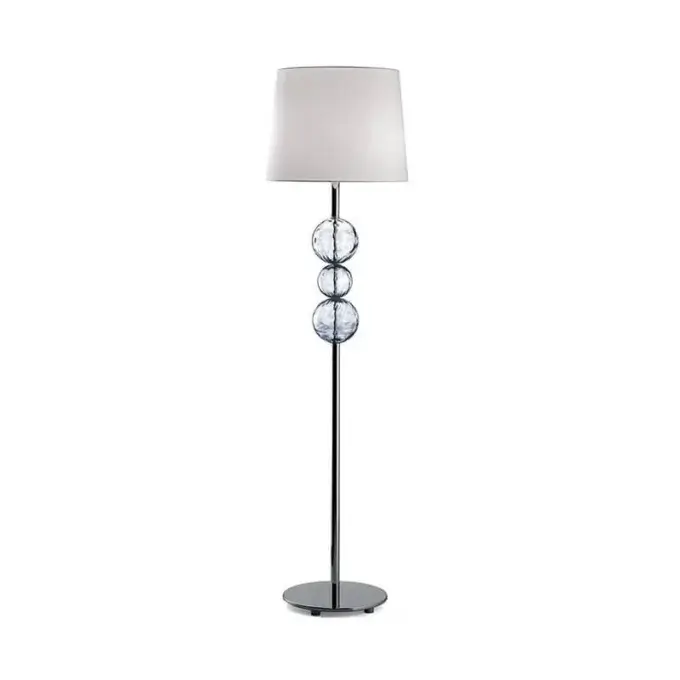 Murano floor lamp, chrome finish, with clear glass orbs displaying marbled patterns and a matte off-white conical lampshade.