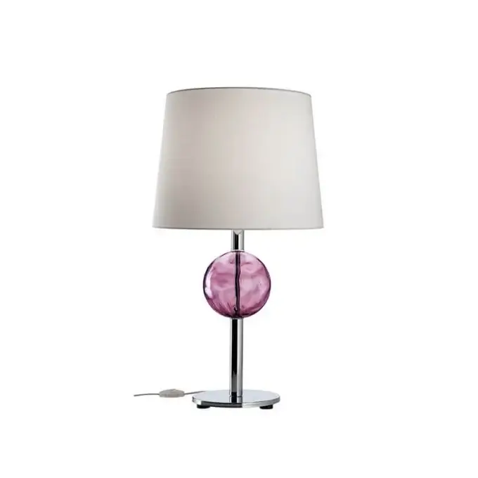 Murano table lamp, chrome and purple glass, cylindrical shade with dark trim and spherical textured accent on slender stem.