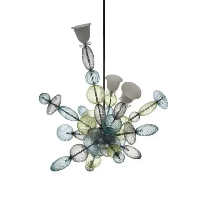 Murano glass suspension lamp with hand-blown glass elements in pale blue, green, and gray tones, featuring a wire mesh cage structure.