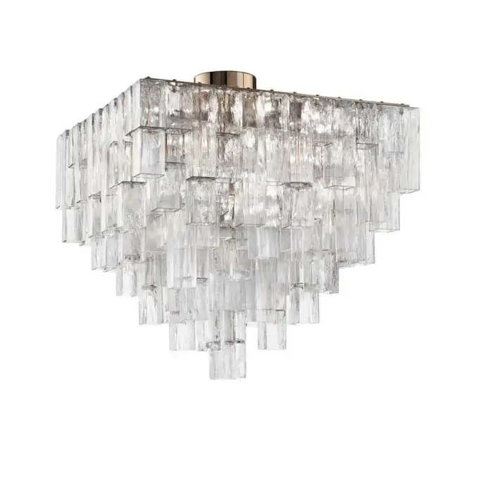 Murano glass ceiling lamp, clear rectangular rods, brass framework, square tiered design, studio product shot, ambient lighting.