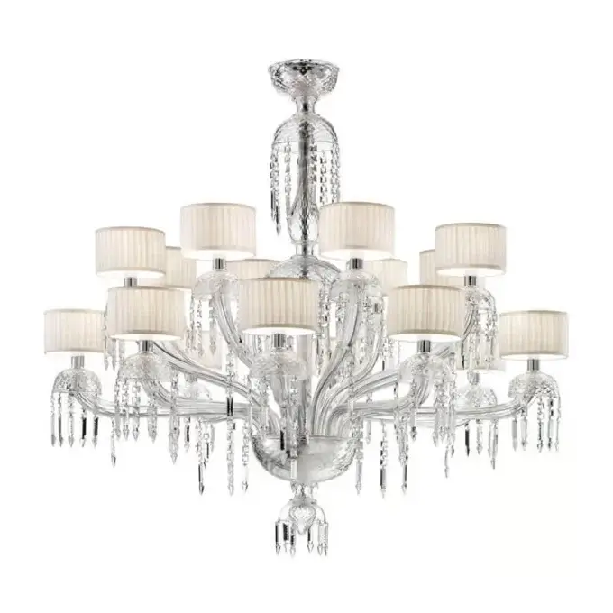 Murano chandelier, silver-toned metal, cascading crystals, sixteen lamps with cream fabric shades, ornate branching structure, studio shot.