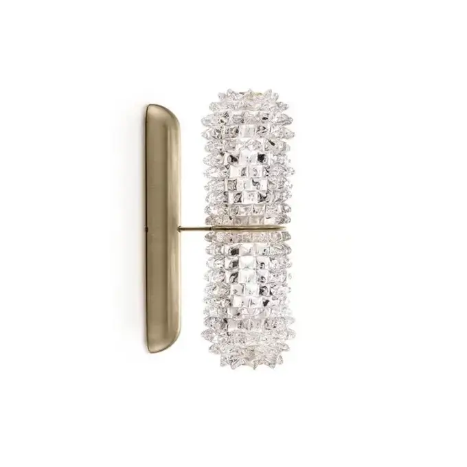 Murano wall lamps, brushed brass backplate, dual cylindrical clear glass shades with textured crystalline protrusions, studio lighting.