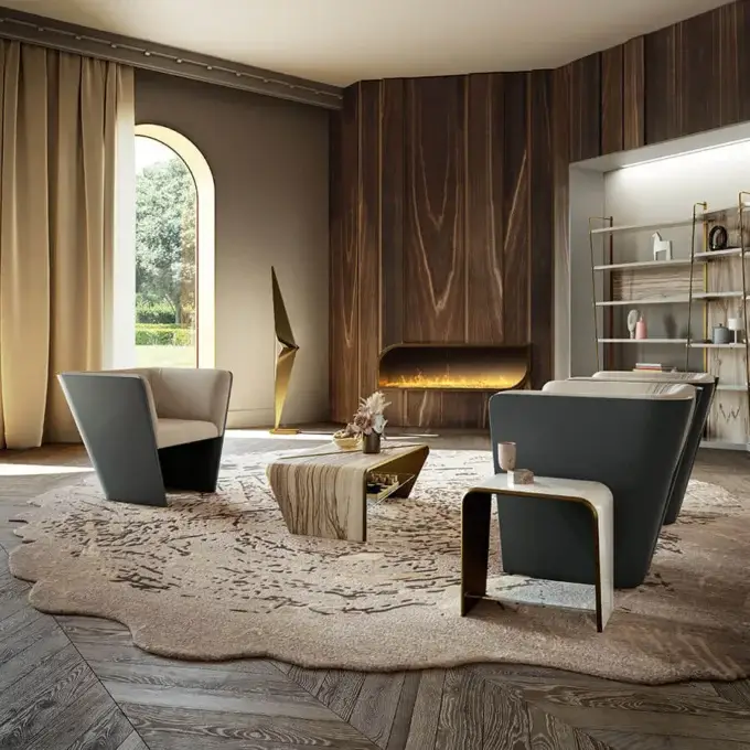 Living room with gray armchairs, wood stump coffee table, beige rug, wood panel wall, metal shelving, arched window, neutral palette.