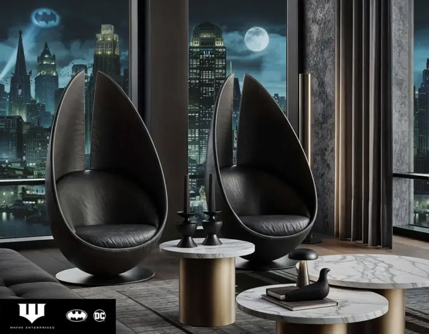 Pod armchairs, charcoal leather, tapered base, with round marble table, brass legs, and cityscape view through expansive windows.