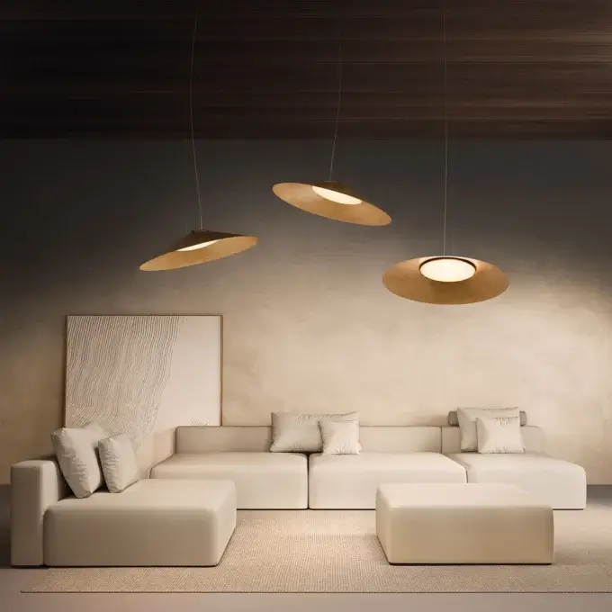 Exceptional Kundalini Kate suspension lamp with opal diffuser and aluminum coated structure in matte finish