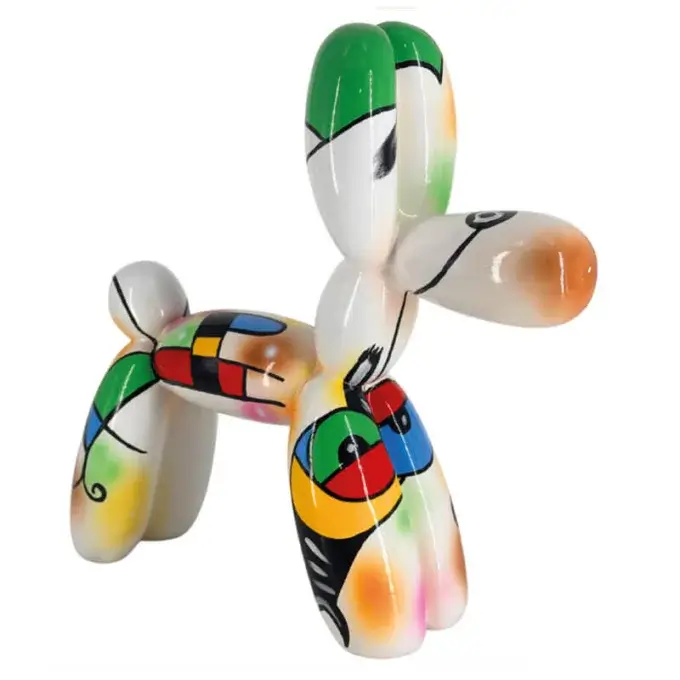 Ceramic dog sculpture, white with geometric patterns, featuring a glossy finish, drooped ears, and elongated form against a white backdrop.