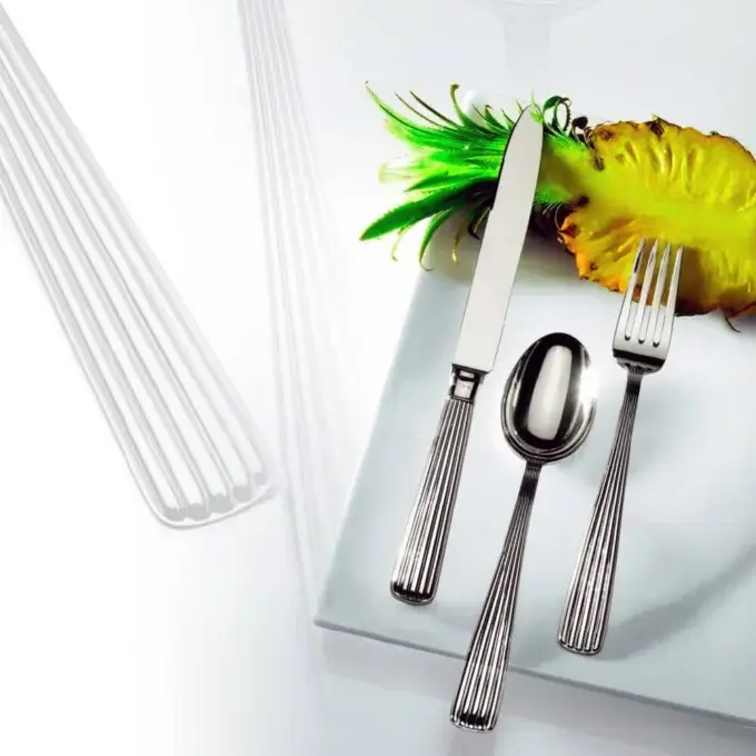 Stainless steel flatware set on white plate with halved pineapple, ribbed handles, clear straws, studio lighting, Cassoni Schiavon branding.