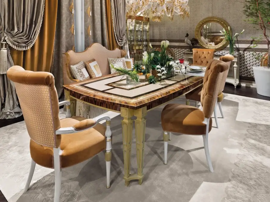 Architectural Provasi 1703 extendable table crafted in Palissander, Zebrano, Erable, and Ziricote wood with gold grey patina finish