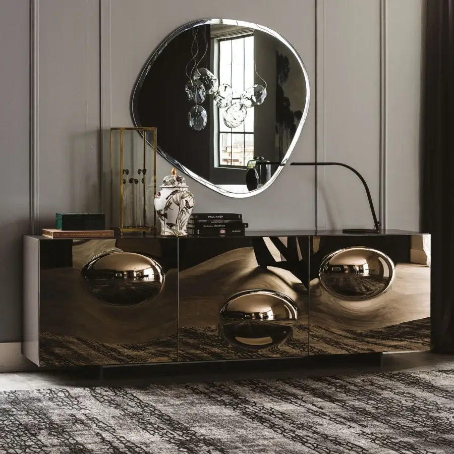 Superior Cattelan Italia Paramount sideboard with lacquered moka finish and smoked grey convex mirrored glass doors crafted in titanium aluminum