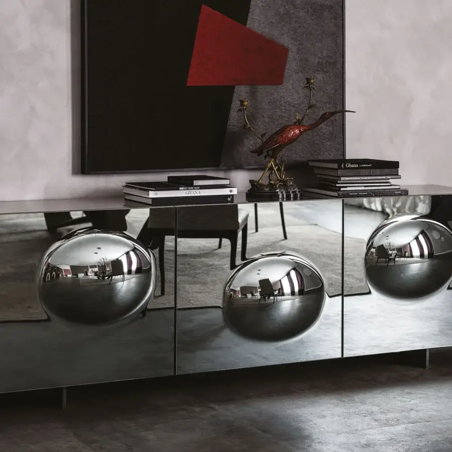 Elegant Cattelan Italia Paramount sideboard in smoked grey mirrored glass with glossy moka lacquered finish and graphite varnished stainless steel feet
