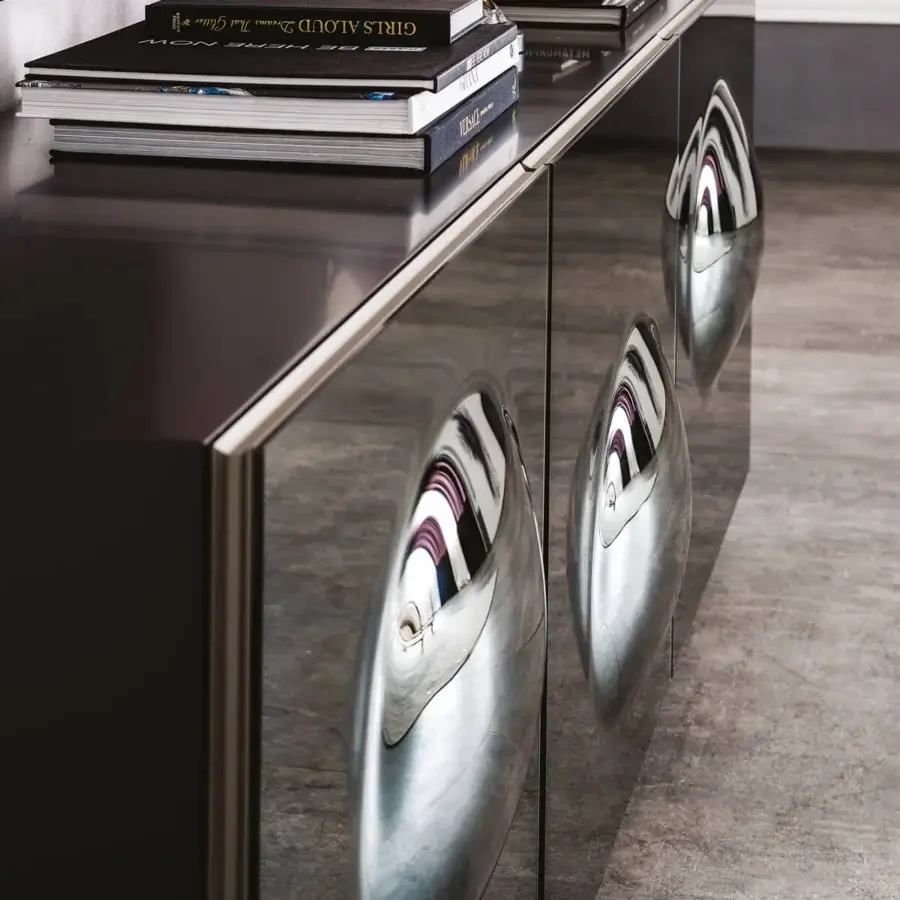 Lavish Cattelan Italia Paramount sideboard in smoked grey mirrored glass with glossy moka lacquered surfaces and stainless steel feet
